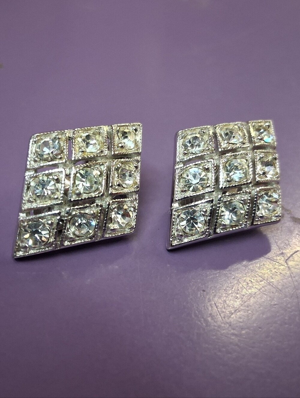 Vintage Bogoff Silvertone Rhinestone Clip On Earrings